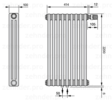 Схема (чертеж) Радиатор Zehnder Charleston 3220/9 №V008 Белый глянцевый RAL 9016